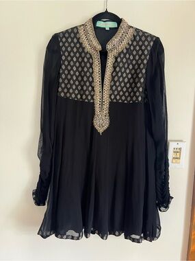 Embellished Black Chiffon Dress/Tunic w Gold Accents - 100% Silk Made in India